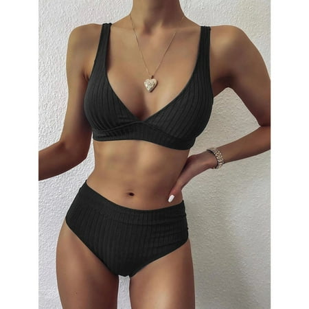 Noarlalf Bikini Sets for Women Two Piece Swimsuit for Women Bathing Suit for Women Solid Push up High Cut Hight Waist Halter Bikini Set