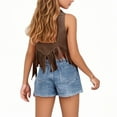 thumbnail image 4 of OGLCCG Girls Sleeveless Fringe Suede Vests Suede Open Front Cardigan Vest Sleeveless Cowgirl Western Tassel Jacket Hippie Party Size 3-12, 4 of 6