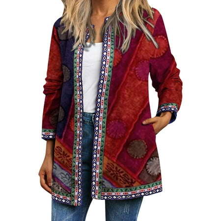 

Carevas Vintage Women Print Cardigan Long Sleeve Pocket Loose Casual Jacket Coat Outerwear