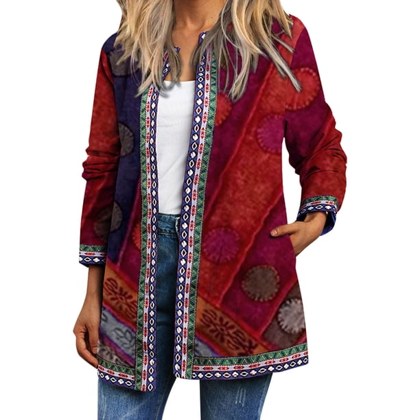 Chaqueta de punto con estampado de mujer vintage, bolsillo de manga larga, chaqueta informal suelta, Abanopi Grande