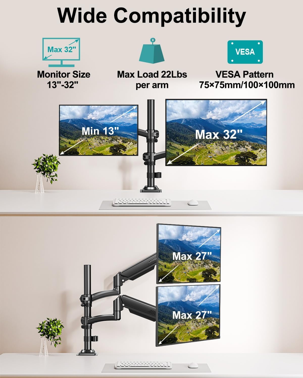 Dual Monitor Stand for Desk, Taller Monitor Arms for 2 Screens  to 32 inch, Ergonomic Adjustable Full Motion Double Computer Monitor Mount, Holds 4.4-22lbs, VESA 75/100mm, Black