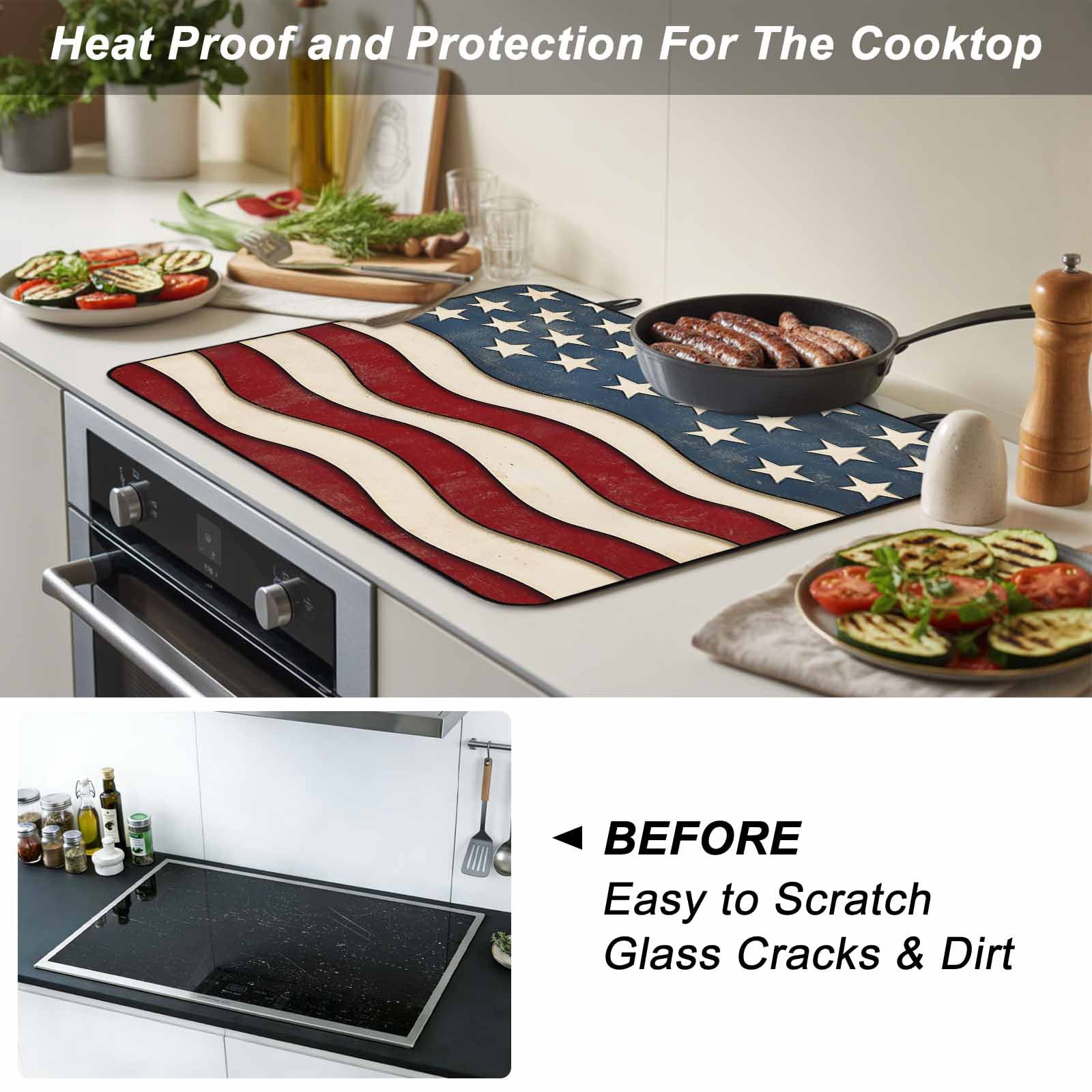 Retro American Flag Stove Top Cover for Electric Stove, Heat-proof & Non Slip Glass Top Stove Cover Protector, White Star Red Blue US Flag Kitchen Flat Cooktop Rubber Mat 24x21 Inches