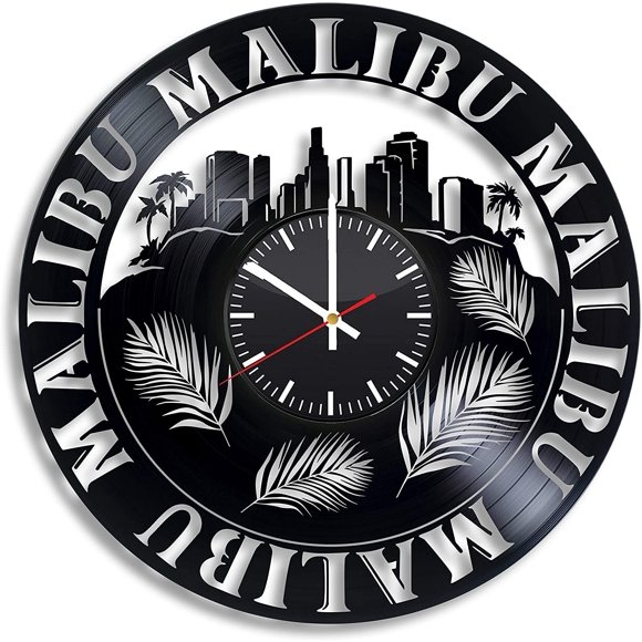 Malibu Beach Santa Monica Pier California Los Angeles Vinyl Wall Clock, Vinyl Record Handmade Art Decor for Home Room Kitchen, Vintage Original Gift For Any Occasion, Party Supplies Decoration
