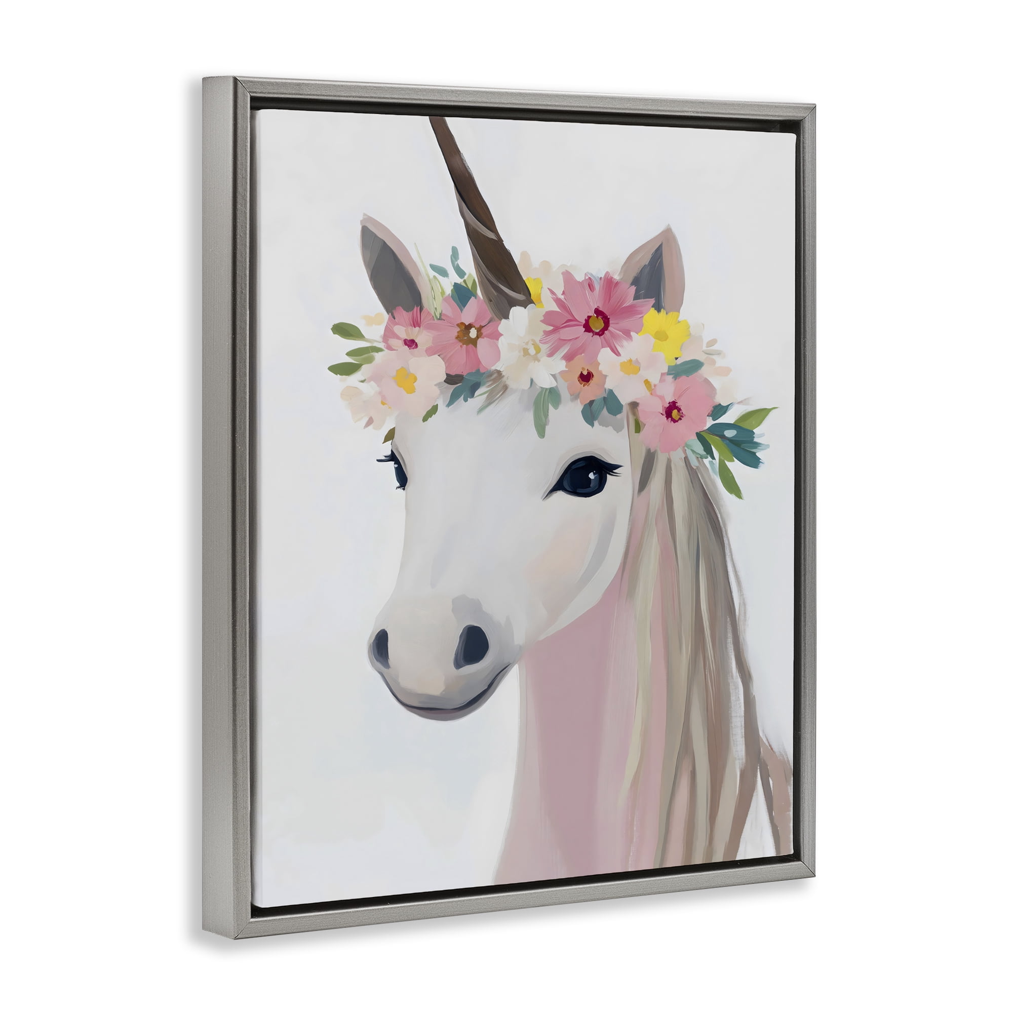 Stupell Industries Flower Crown Unicorn Gray Framed Floater Canvas Wall Art, design by The Prints Vibe
