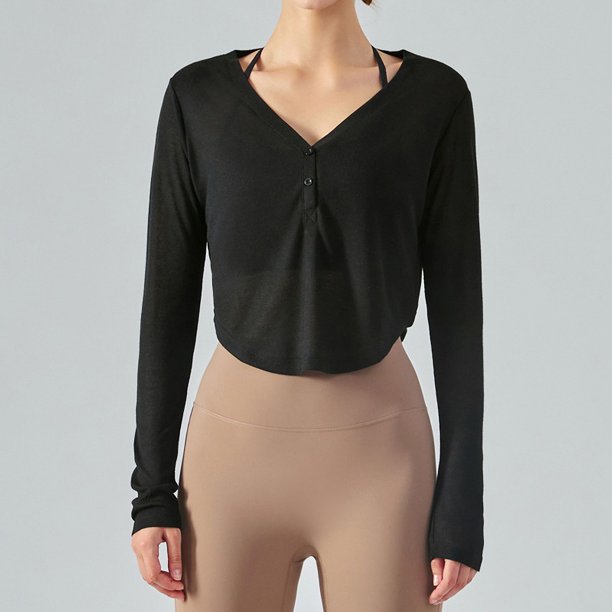 Traje de yoga fino con cuello en V, camiseta exterior corta de manga larga, blusa deportiva holgada para exteriores, blusa deportiva transpirable de verano para mujer