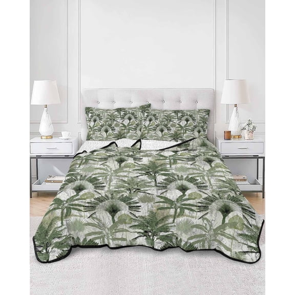 Quilts King Size, Green Tropical Leaves Soft Comforter Bedding Set for Bed, Summer Palm Trees Botanical Lightweight Quilted Bedspread with Pillow Cover(2 Pieces) for All Season, 96x106 Inch
