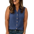 thumbnail image 5 of VBVC Women's Plus Cotton-Linen V Neck Tank Top , Ladies' Stand Collar Button Down Blouse , Summer Sleeveless Office Work Shirt For Women,Navy,S-5XL, 5 of 6