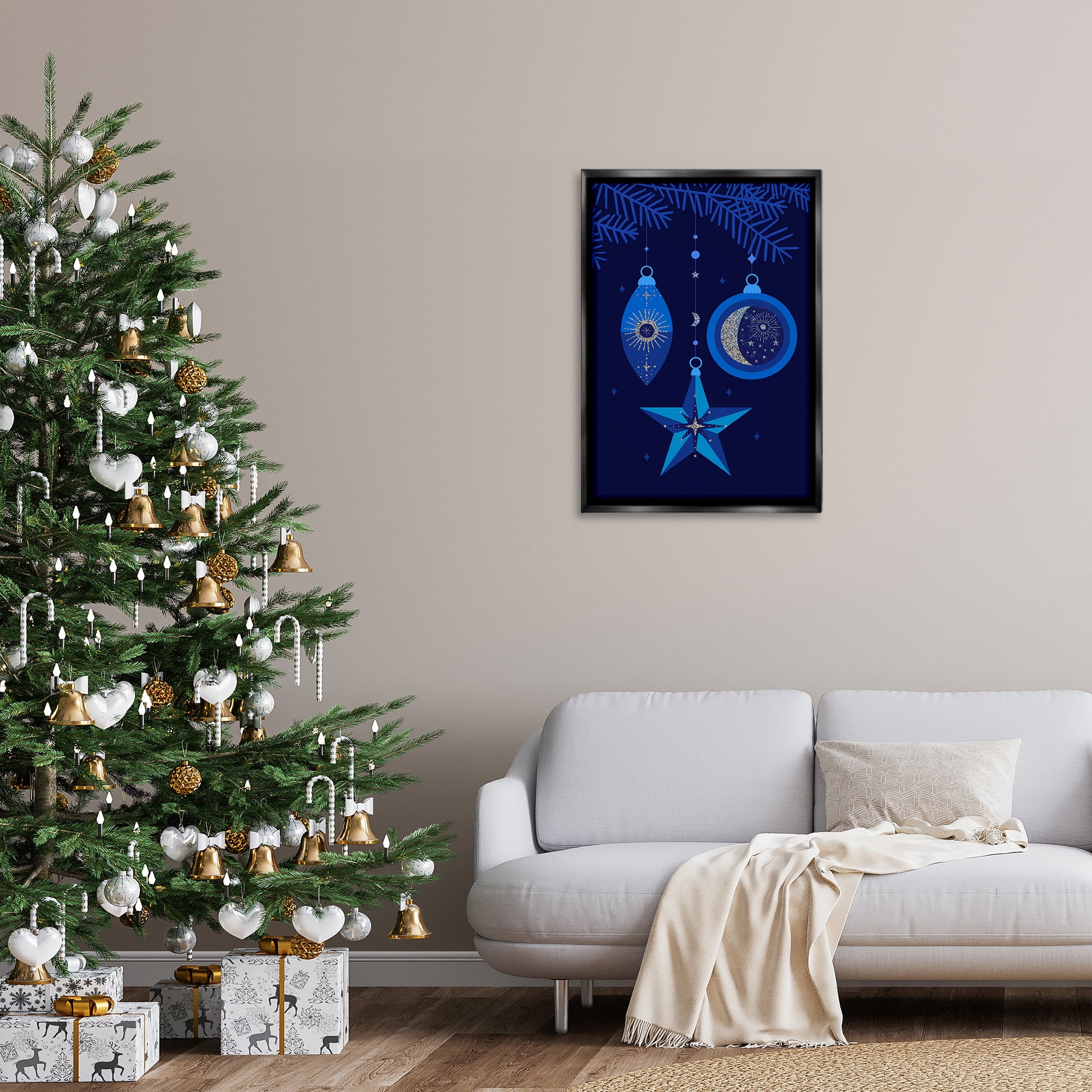 Stupell Industries Blue Holiday Ornaments Holiday Painting Black Floater Framed Art Print Wall Art, 21 x 31