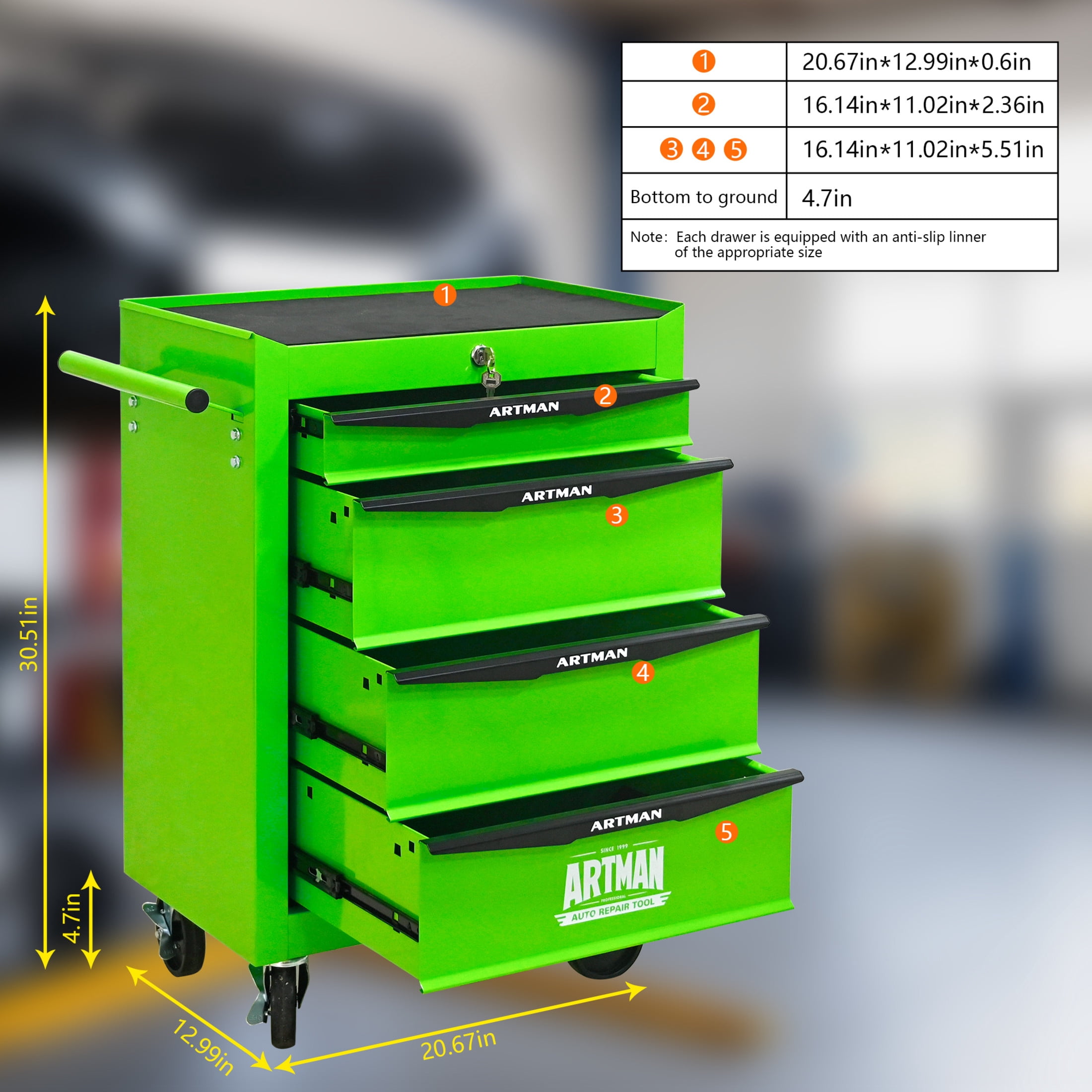 Noble House 4-Drawer Mobile Steel Tool Organizer with Key Lock, Ball Bearing Slide Storage Cabinet Box, Green