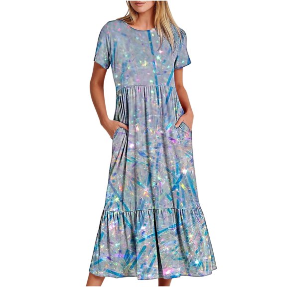 Penkiiy Women Shiny Print Short Sleeve Dress Loose Plain Casual Summer Flowy Tiered Long Maxi Dresses with Pockets L Light Blue