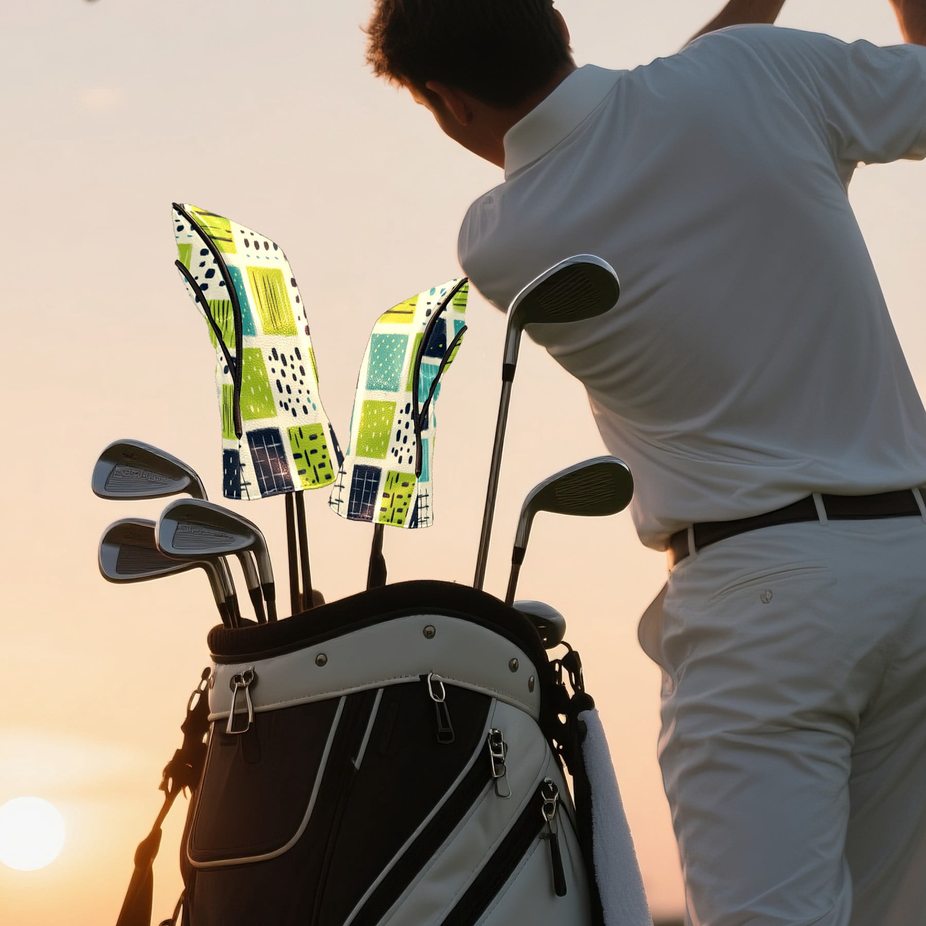 Golf Club Head Cover Waterproof Leather Golf Accessories HeadCovers Set Driver Headcover for Women Men Green And Blue Square Pattern