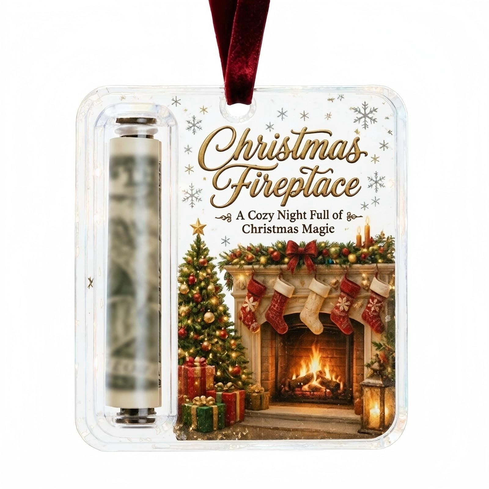 Fireplace Gift Holder 2D Hanging Ornament with Clear Side Tube and Ribbon Tree Decoration for Holiday Gift Presentation