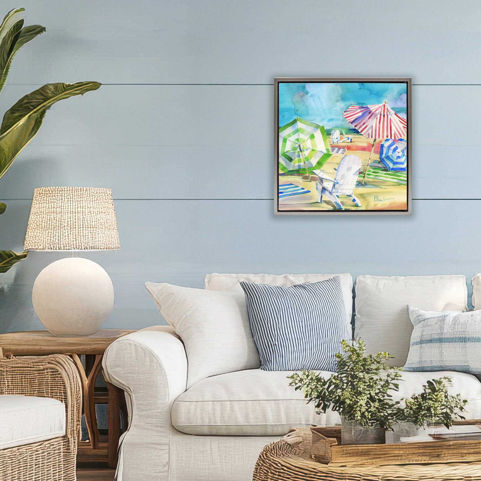 Stupell Industries Ventura Beach Umbrellas Gray Framed Floater Canvas Wall Art, design by Paul Brent