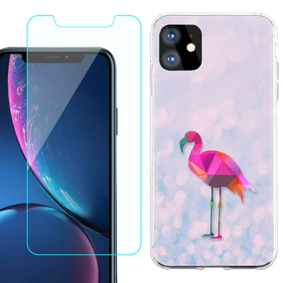 For Apple iPhone 11 Case , Slim-Fit TPU Protective Phone Case with Tempered Glass Screen Protector, by OneToughShield ® - Flamingo / Polygon
