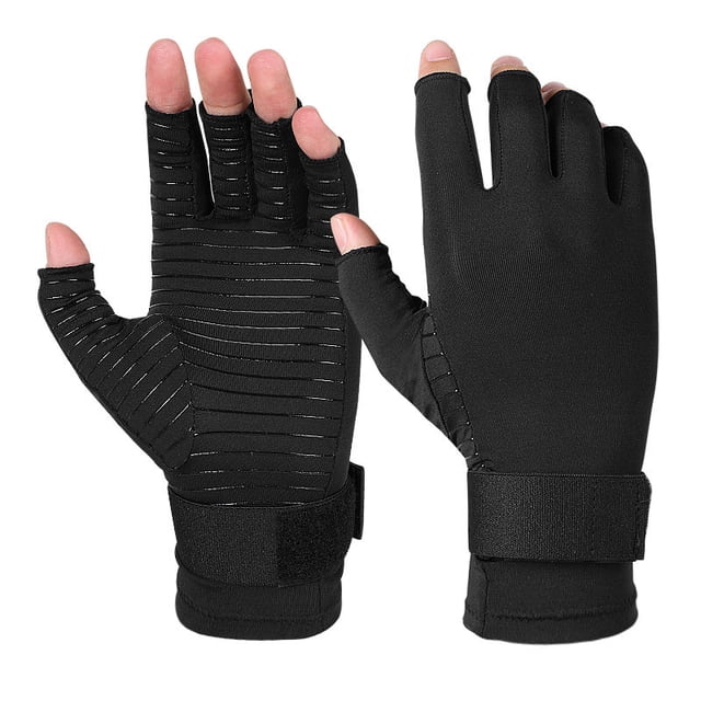 Guantes de compresión para muñeca para artritis (1 par), soporte de muñeca de cobre sin dedos con correa ajustable. Levamdar DCF65-2