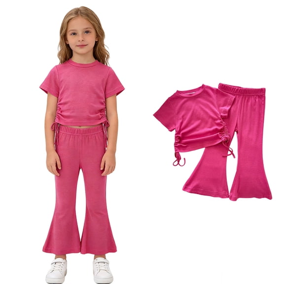 Girls Clothes Ruched Drawstring Short Sleeve Top and Pants 2 Piece Girls Outfit Summer Clothes 9-10 Years