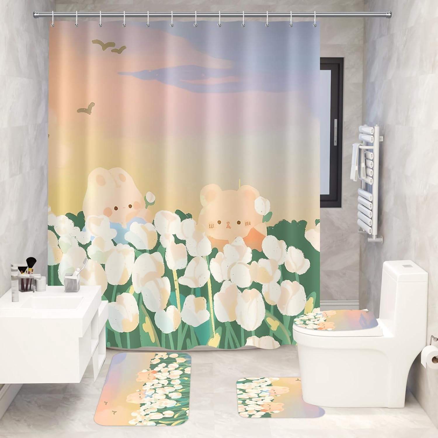 4 Pieces Cartoon Bear Shower Curtain Set Kawaii Bathroom Accessories, Toilet Lid and Non-Slip Rugs,Cute Waterproof Shower Curtain Bathroom Accessories Sets Home Decor,12 Hooks,72 x 72 Inches