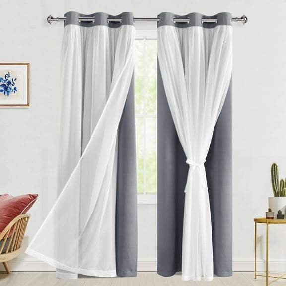 Hiasan Grey Blackout Curtains with Sheer Overlay, Grommet Thermal Insulated Privacy Mix & Match Double Layer Room Darkneing Curtains for Bedroom, Living Room, 2 Window Panels with Tiebacks, 38W X 84L