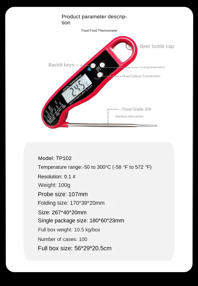 Kitchen foldable barbecue thermometer food food bottle waterproof water thermometer baking milk tea shop with backlight,50℃~300℃