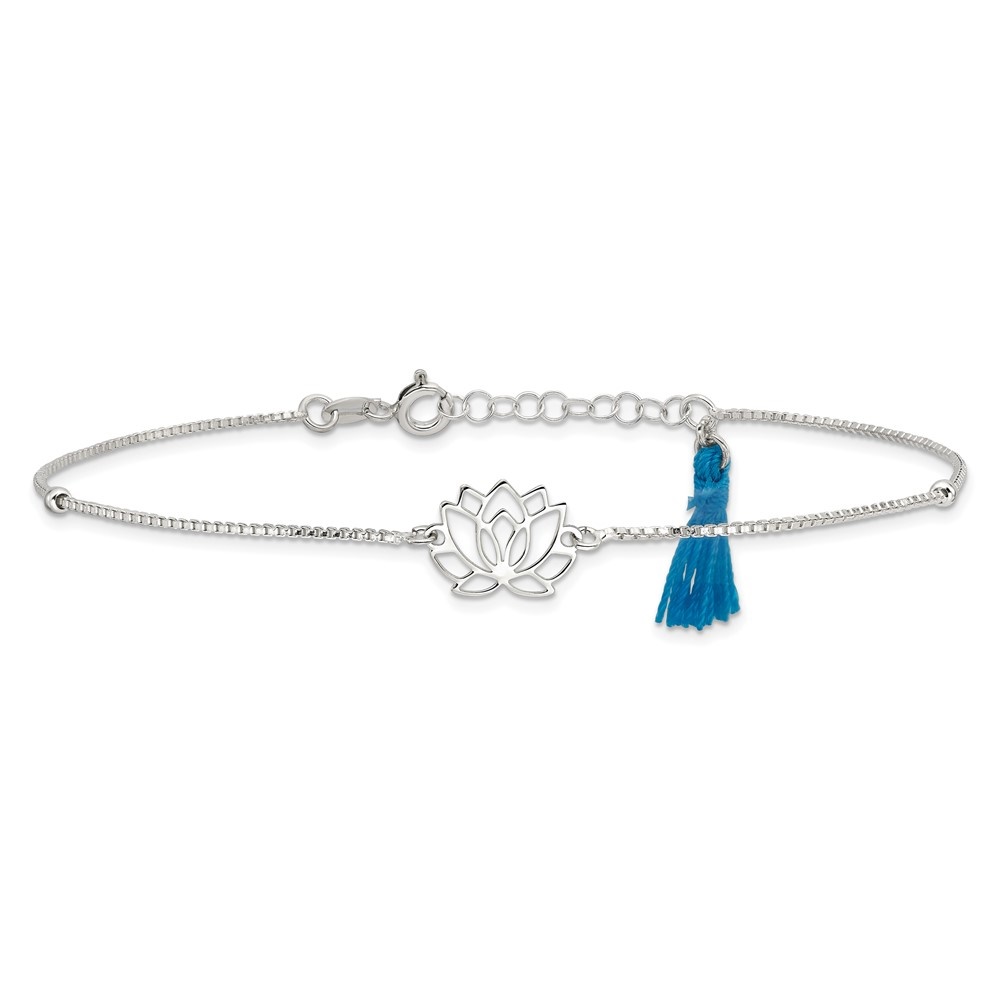 Auriga Fine Jewelry 925 Sterling Silver Lotus with Blue Fabric Tassel 9inch Plus 1in ext. Anklet for Women