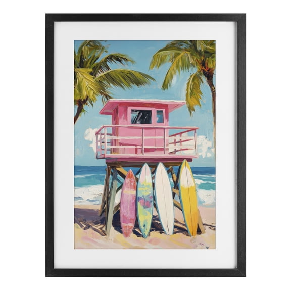 Stupell Industries Coastal High Pink Surf Shack Black Framed Print Under Glass, 14 x 20, by Petals Prints Design