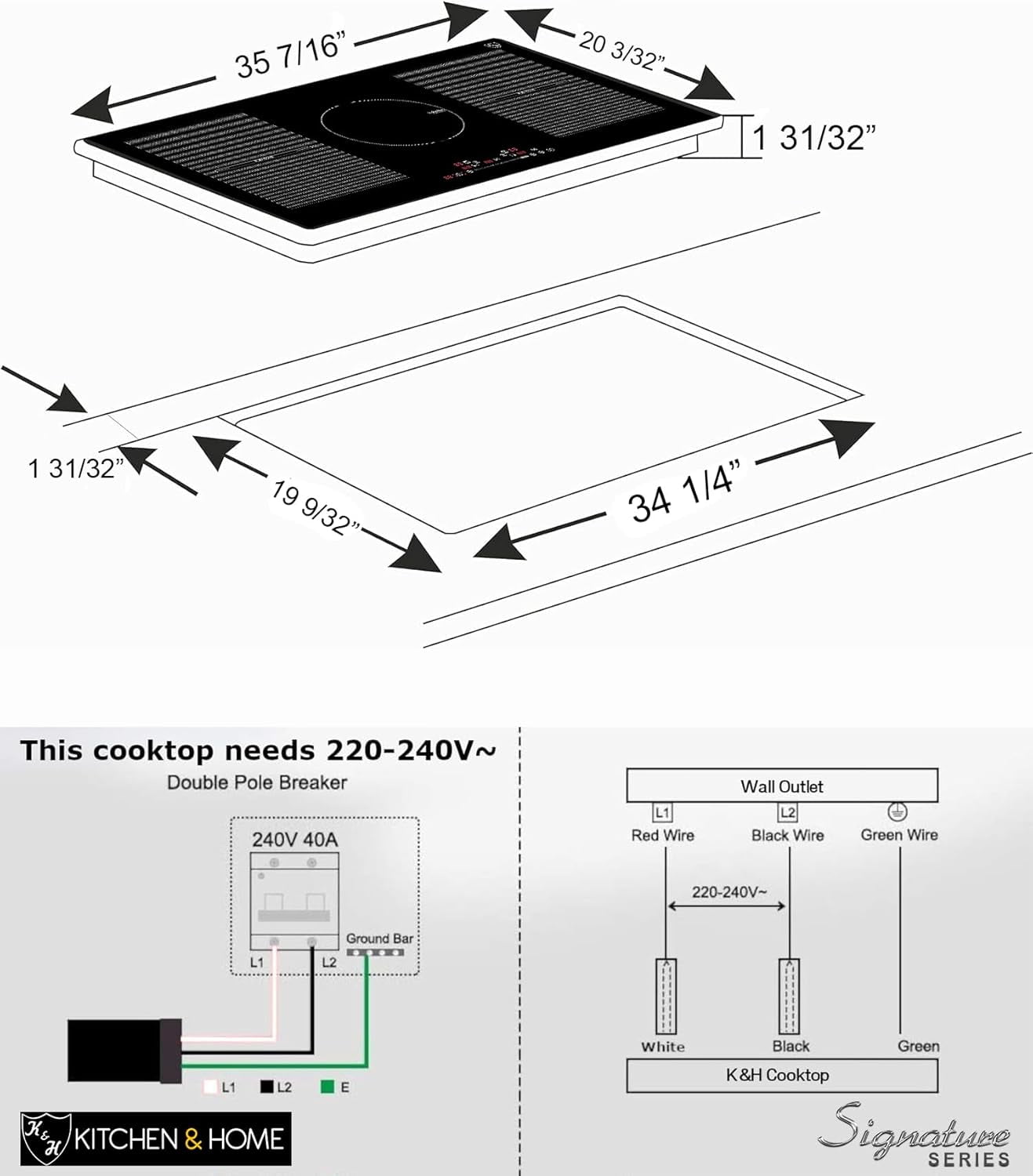 K&H SIGNATURE SERIES 5 Burner 36 Inch Built-in Induction FLEX Electric Stove Top Ceramic Cooktop SLIDER Touch Control 240V 9400W IN36-9400FLX