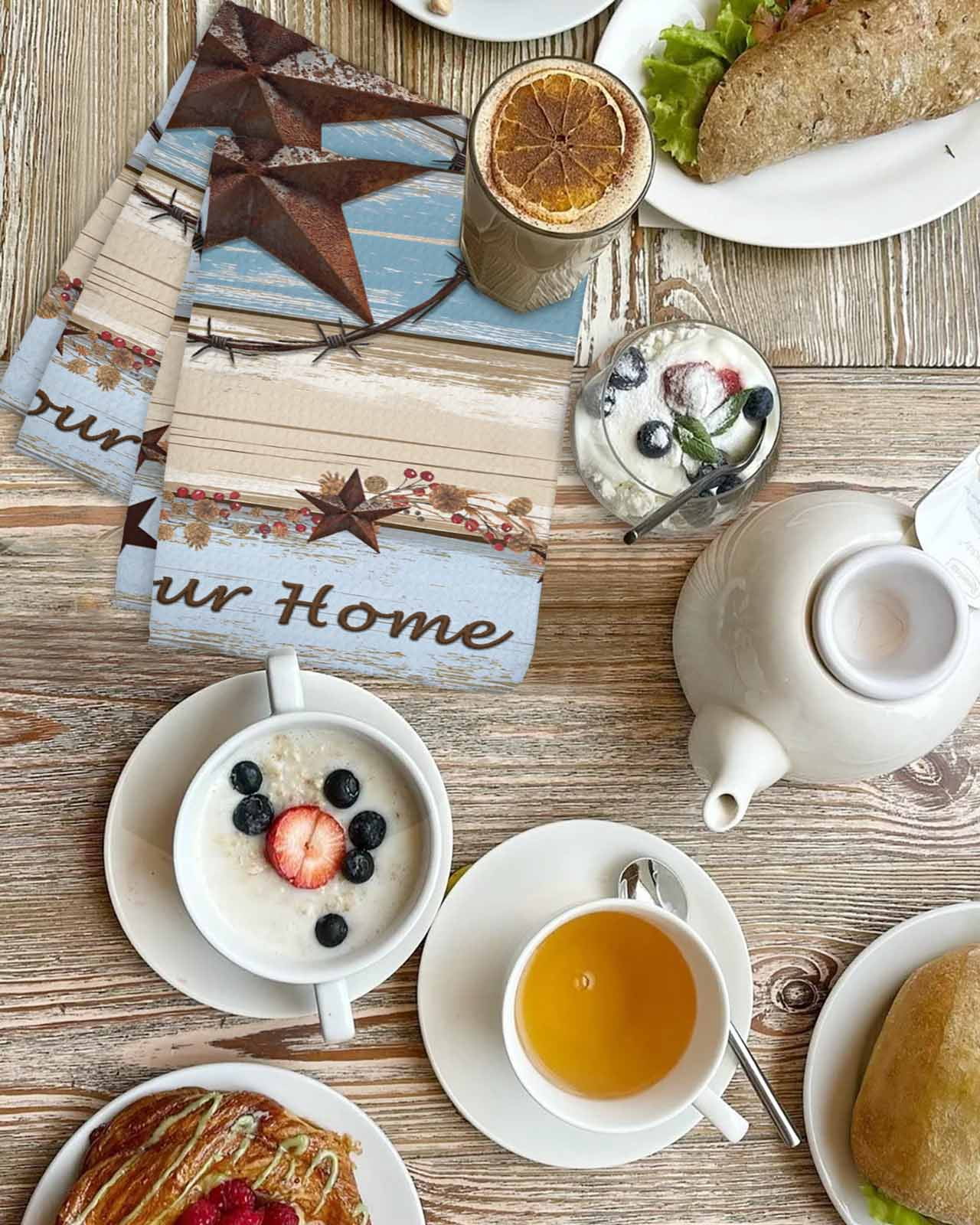 Country Star Blue Kitchen Dish Towels for Drying Dishes Set of 3, Farmhouse Western Texas Star Barn Waffle Weave Microfiber Terry Hand Tea Bathroom Towels Quick Dry & Absorbent Towel 15.7x23.6