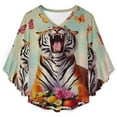 thumbnail image 4 of Roaring Tiger Amidst Colorful Butterflies Women's V-Neck Blouse With 3/4 Ruffled Bell Sleeves Casual Top Ladies Blouses, 4 of 7