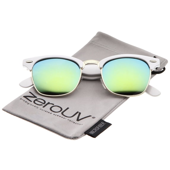 zeroUV Unisex Premium Half Frame Colored Mirror Lens Horn Rimmed Sunglasses 50mm (White-Gold / Yellow Mirror) - 50mm
