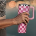 thumbnail image 7 of 40 oz Tumbler with Handle and Straw Lid | Vacuum Insulated Leak Proof Tumbler | Stainless Steel Water Bottle Cup Gifts for Dads Moms Women Men Him Her | Cream Checkered, 7 of 7