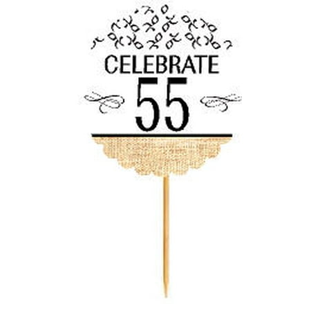 Anniversary Cupcake - 55th Birthday / Anniversary Novelty Burlap Cupcake Decoration Picks -12pack