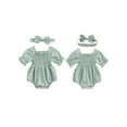 thumbnail image 3 of Musuos Infant Baby Girl Summer Jumpsuit 0-18Months  Solid Color Short Sleeve Square Neck Shirred Romper with Bow Headband, 3 of 10