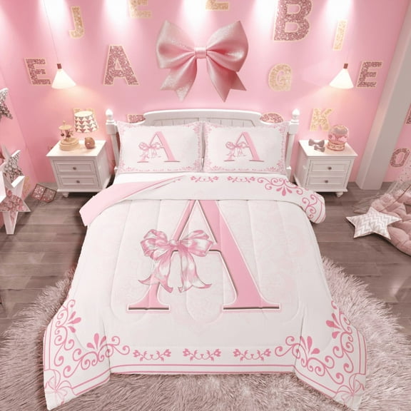 Castle Fairy Monogrammed Letter 2pcs Bedding Comforter Set,Chic Flower Twin Comforter Sets,Kawaii Bow Breathable Bedding Set,Microfiber Girls Bedroom Decor,Reversible