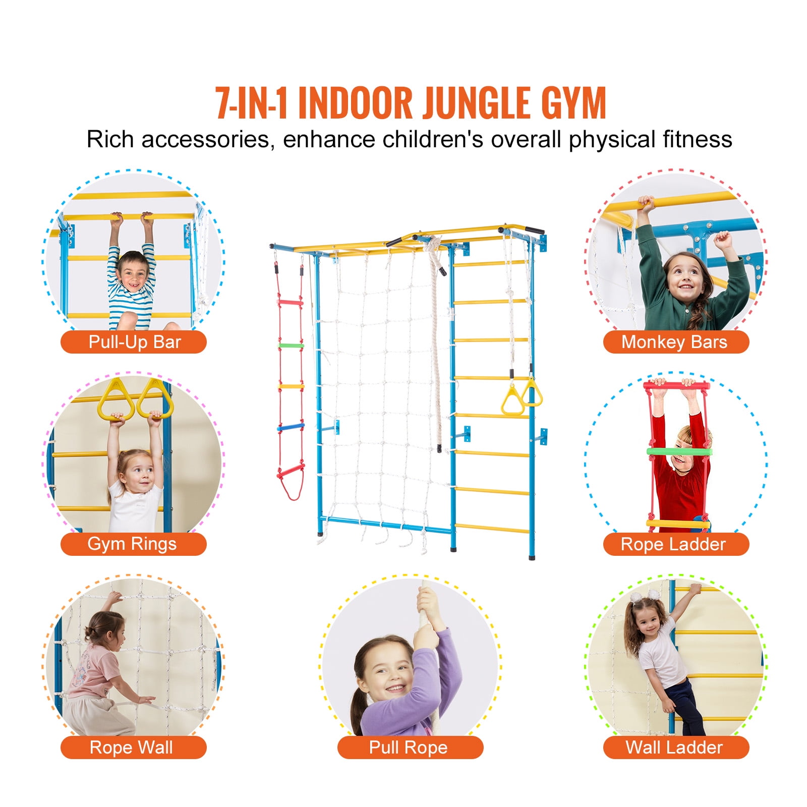 KFFKFF Indoor Play Equipment for Young Kids, 7-Feature Climbing Structure with Carbon Steel Swedish Steps, Wall Steps, Chin-Up Bar, Cord Steps, and Athletic Loops, Holds up to 220 lbs, Various Colors