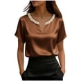 thumbnail image 3 of TaTaai Women's Loose Fit Summer Top Short Sleeve V-Neck Solid Color Pearl Accent Professional Office Casual Blouse Gift, 3 of 5
