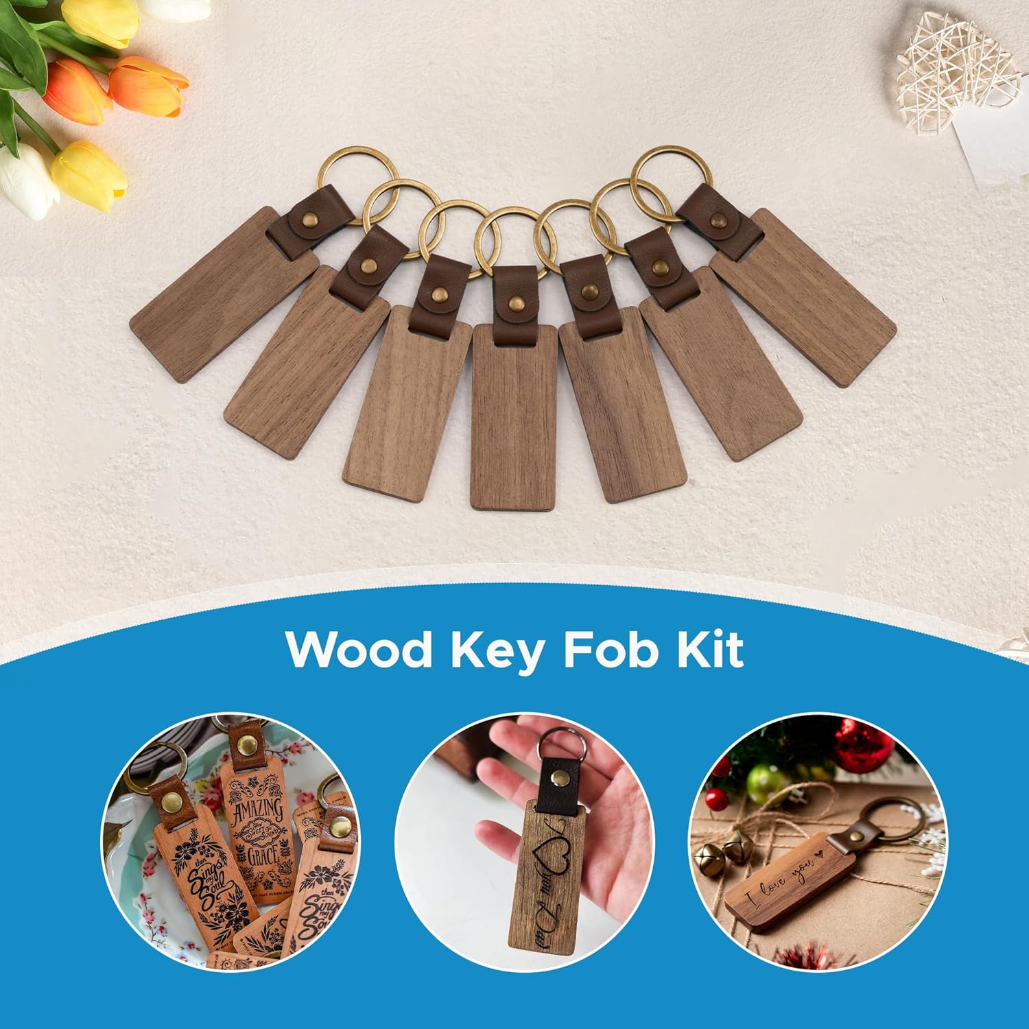 Wooden Keychain Blanks, Wood Key Chain Bulk, Unfinished Wooden Key Rings Key Tags for Laser Engraving DIY Craft Gift