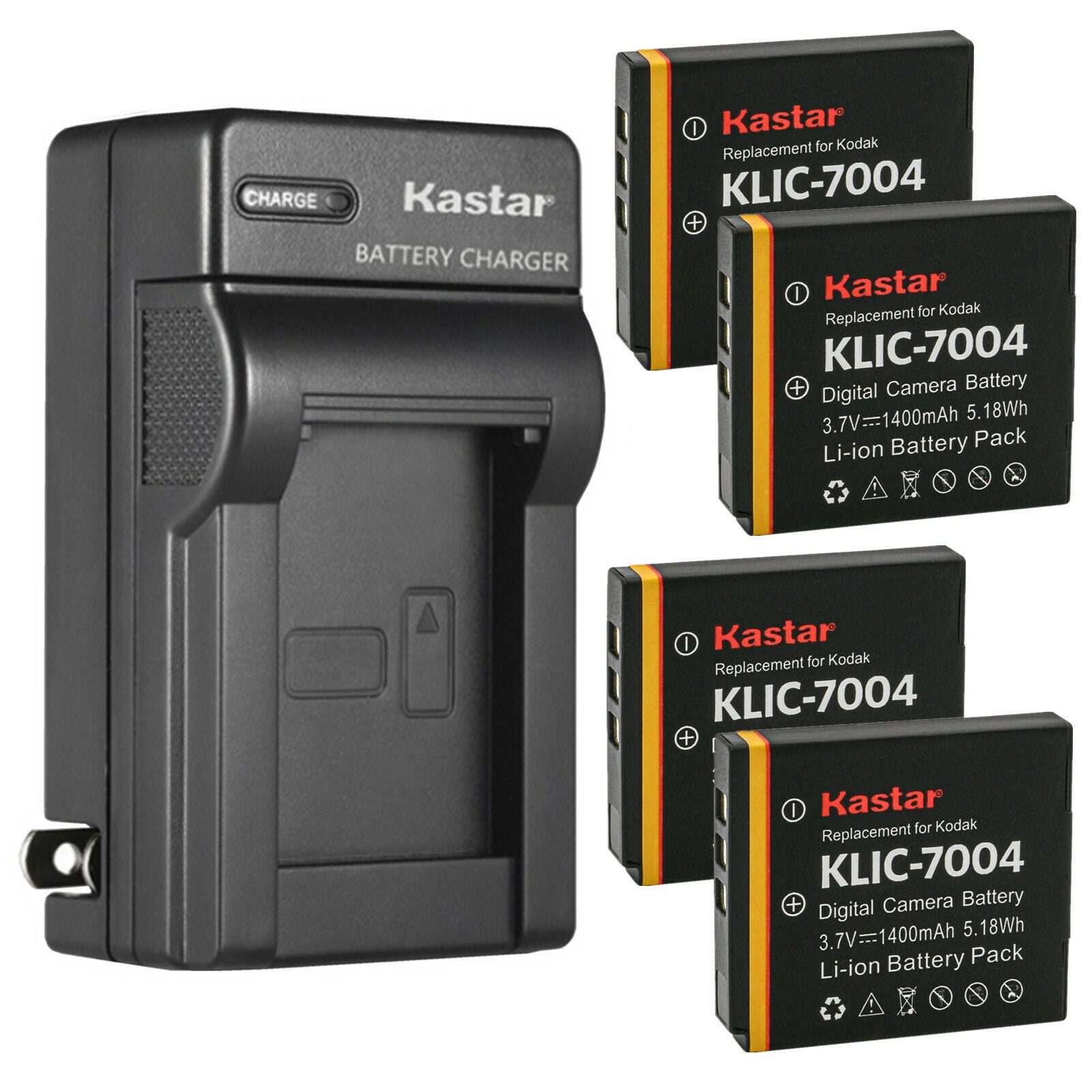 Kastar 4-Pack KLIC-7004 Battery and AC Wall Charger Replacement for Kodak KLIC-7004 K7004 Battery Kodak K7700 Charger Kodak Zi8 EasyShare V1233 EasyShare V1253 EasyShare V1273 Digital Camera