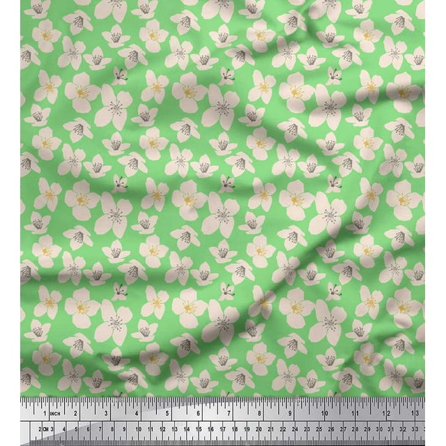 Soimoi Green Silk Fabric Flower Floral Print Fabric by Yard 42 Inch Wide