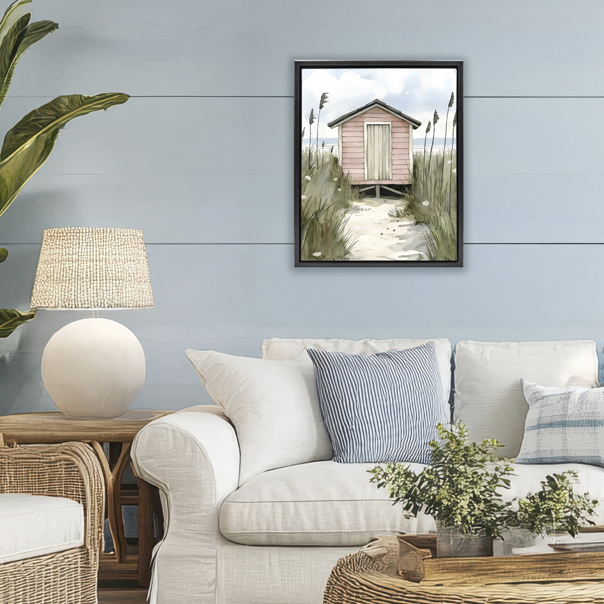 Stupell Industries Coastal Calm Pink Beach Hut Black Framed Floater Canvas Wall Art, design by Riley B