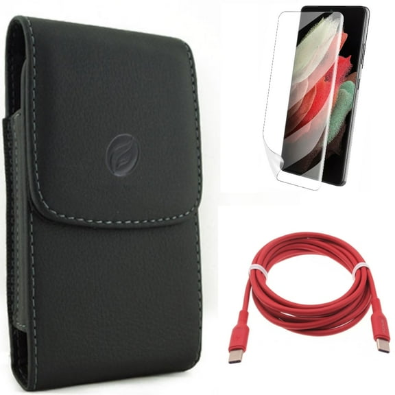Case Belt Clip w Red 6ft Long Cable w Matte Screen Protector for Samsung Galaxy S21 Plus - Leather Holster, USB-C to Type-C PD Fast Charger, TPU Film Anti-Glare Accessory Bundle