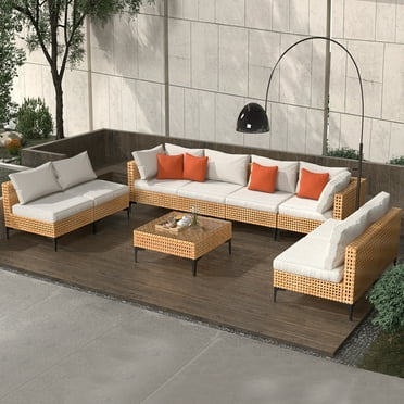 9 Piece Outdoor Patio Furniture Set Modular Outdoor Furniture Set Wicker Outdoor Sectional Sofa with Cushions and Tea Table Patio Set for Balcony Porch Deck (Yellow Wicker, Beige Cushion)
