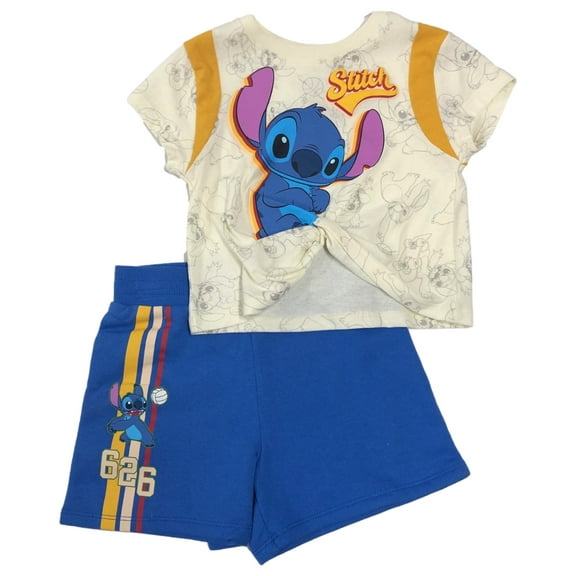 Disney Stitch Toddler Girls Yellow & Blue Outfit Tee Shirt & Shorts Set 3T