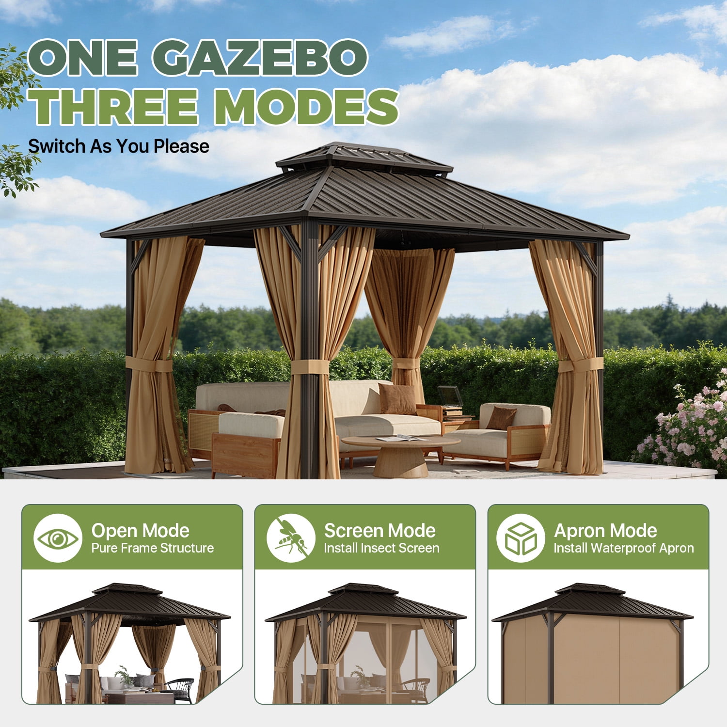 BaPiPro 12'x10' Hardtop Gazebo, Heavy Duty Galvanized Steel Double Roof, Permanent Outdoor Pavilion Metal Gazebo with Netting and Curtains, for Patio, Garden, Brown