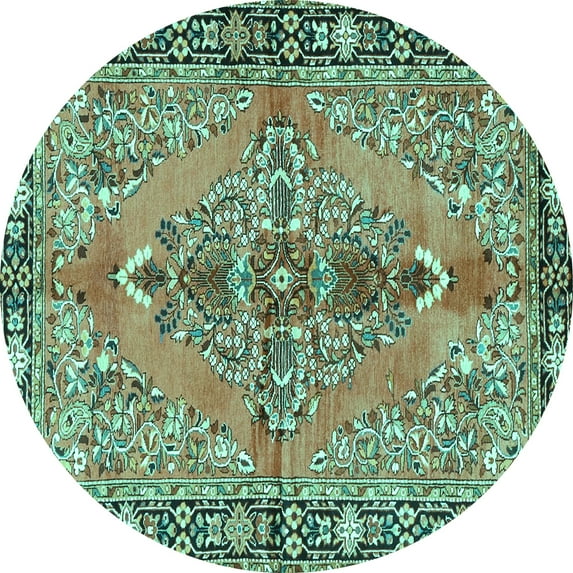 Ahgly Company Machine Washable Indoor Round Medallion Turquoise Blue Traditional Area Rugs, 4' Round