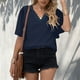 thumbnail image 2 of Camisa de manga corta de encaje Blusa de verano con manga de encaje fluida informal elegante con cuello en V de doble capa Azul oscuro L, 2 of 6