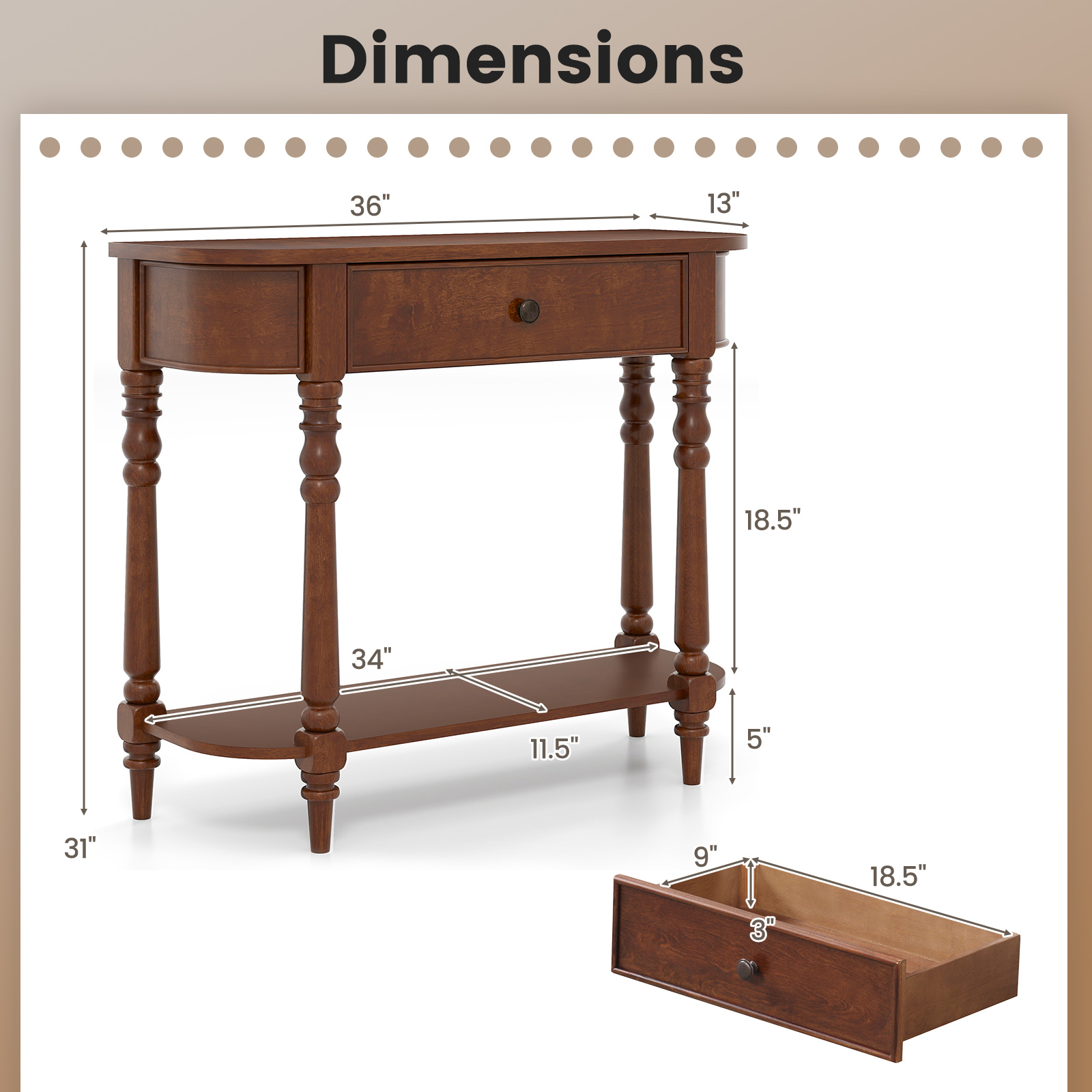 Gymax Retro Console Table 36''L Wooden Entryway Table w/ Storage Drawer & Open Shelf Brown