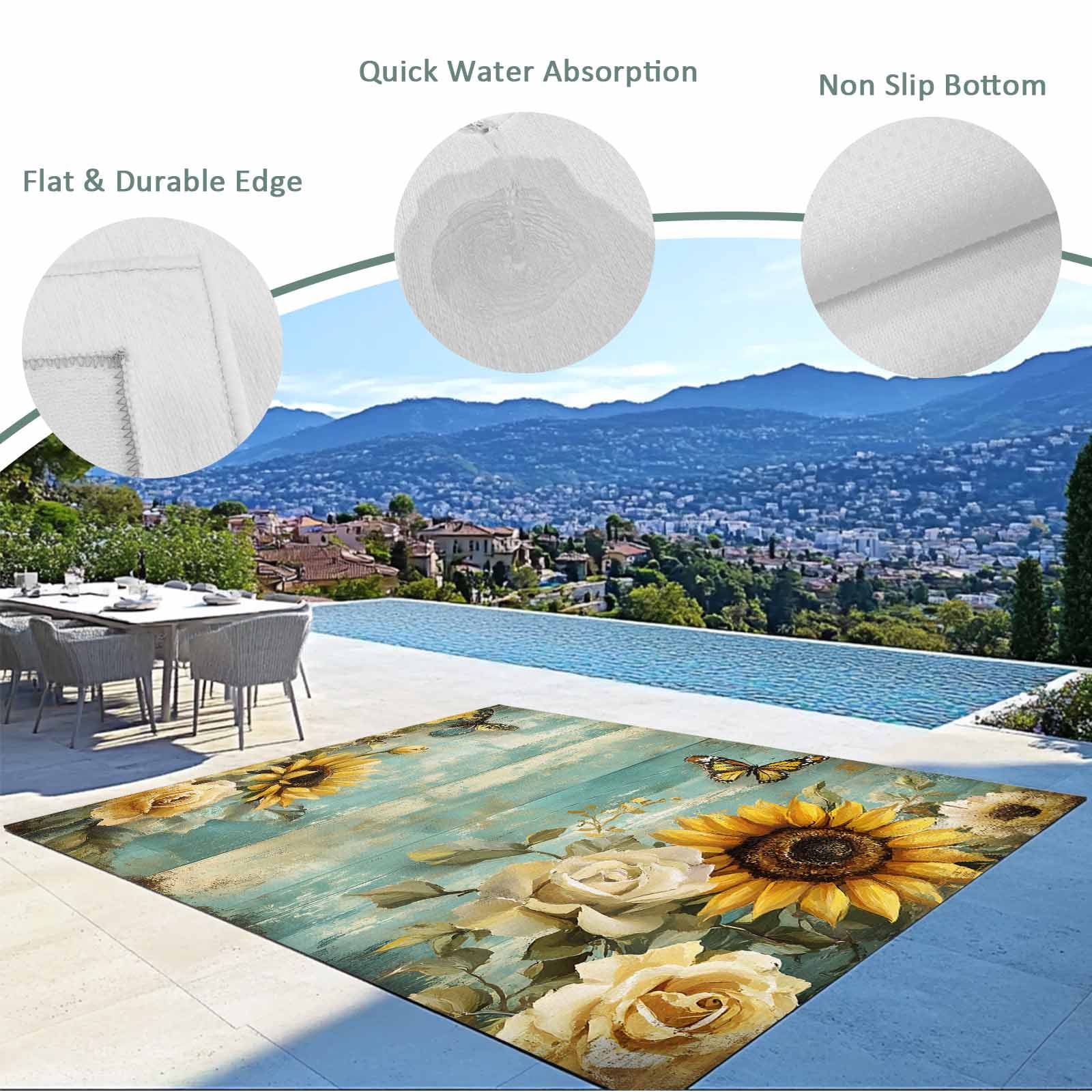 5' x 8' Outdoor Rug, Spring Sunflower Rose Outdoor Washable Rug Large Floor Carpet, Butterfly Teal Wood Vintage Non Shedding Area Rug for Outside Patio RV Porch Deck Balcony Camping Living Room