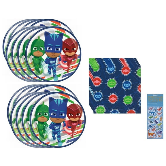 PJ Masks Birthday Party Supplies Bundle Pack includes 16 Dessert Cake Paper Plates, 16 Lunch Paper Napkins, 1 Dinosaur Sticker Sheet