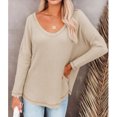 thumbnail image 2 of Top de manga larga con gofres para mujer, jersey de manga larga con cuello en V holgado informal a la moda, camiseta de Color sólido caqui XL, 2 of 6