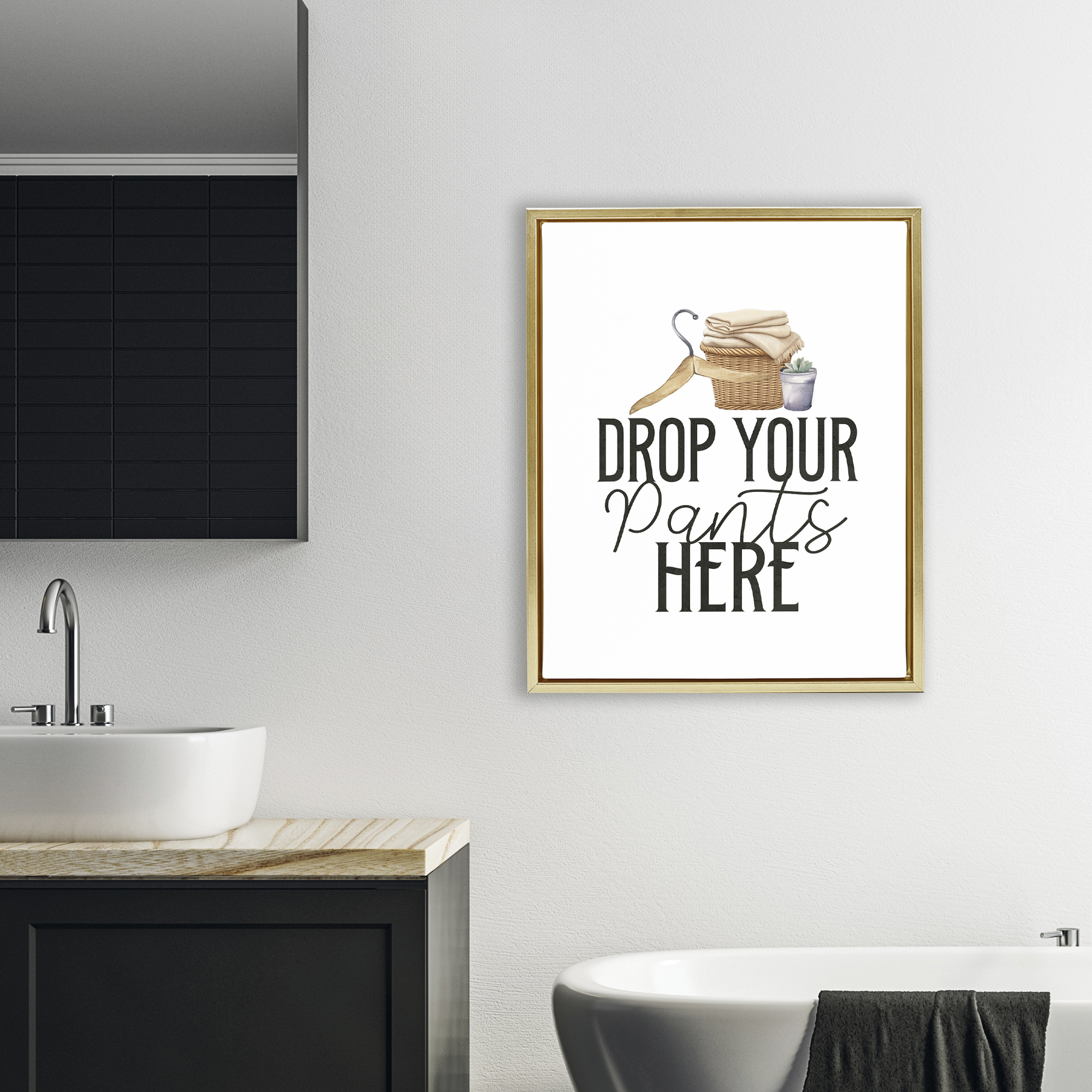 Drop Your Pants Here Minimal Gold Framed Floater Canvas Wall Art, design by Kim Allen